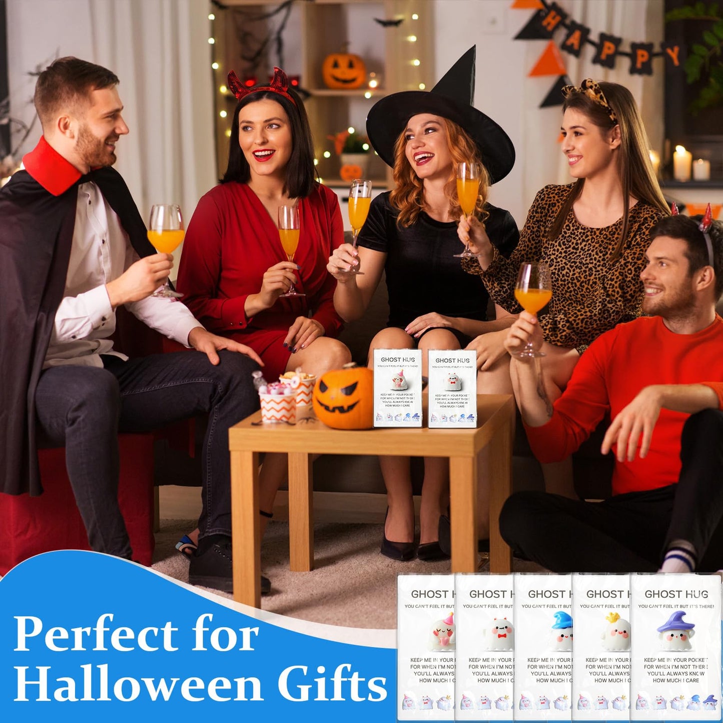 Fiwochic 100 Set Halloween Ghost Pocket Hug Token Gifts Bulk Mini Resin Ghosts Figurines with Cards and Bags Cute Miniature Halloween Party Favors Classroom Rewards Trick or Treat Goodies Bag Filler