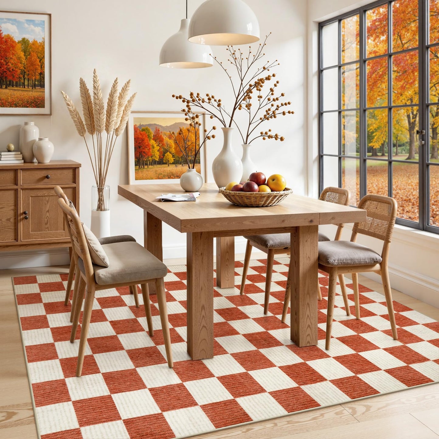 Machine Washable 5x7 Area Rugs for Living Room Checkered, Non Slip Soft Low Pile Farmhouse Halloween Modern Neutral Playroom Boys Rugs for Bedroom, Large Carpet Rugs for Dining Room(Orange,5'x7')