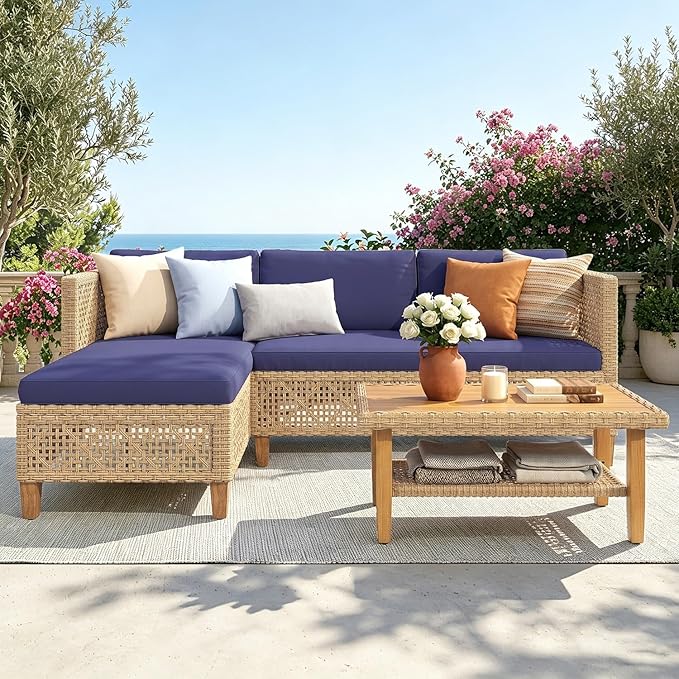 PHI VILLA Sectional Outdoor Couch, L-Shaped Wicker Patio Sofa Set, Small Rattan