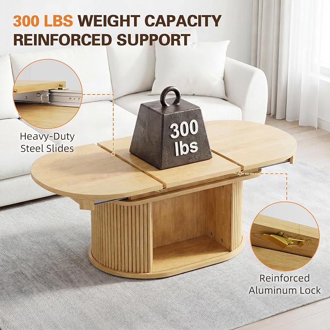 YESHOMY 45.2" Extendable Coffee Table with Storage, Fluted Oval Coffee Table with Sliding Door, Mid Century Modern Center Table for Living Room, Oak