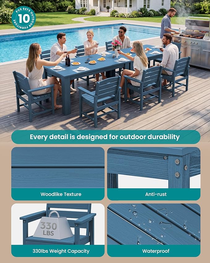 SERWALL HDPE Dining Set for 8: 2 Umbrella Hole Tables + 8 Chairs. Includes 8