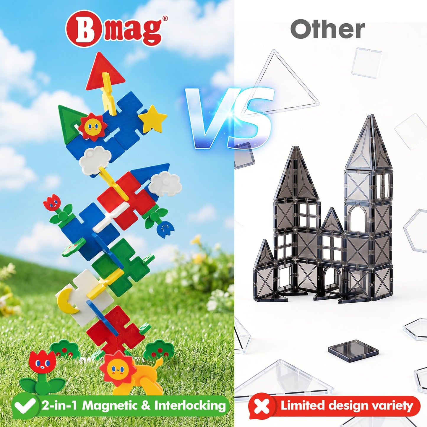 Bmag Magnetic Tiles 58PCS,Groove Interlocking Design Magnet Building Blocks with Lion, Sun,Cloud & Grass,STEM Toys for Toddlers 3+, Preschool Learning Gift for Boys & Girls