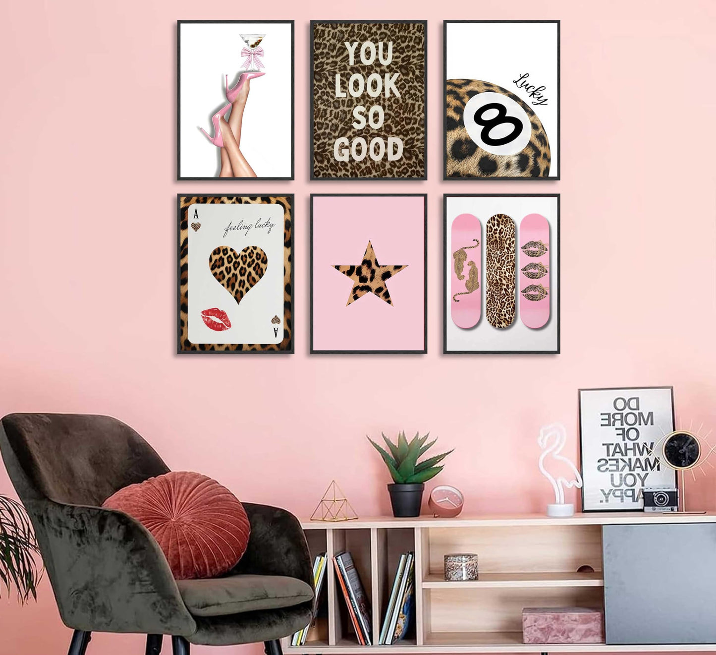 6Pcs Trendy Leopard Wall Art Funky Lucky 8 Ball Posters Prints Stylish Cheetah Room Canvas Wall Decor Preppy Aesthetic Ace Card Paintings Pictures for Girls Bedroom Apartment Dorm Unframed