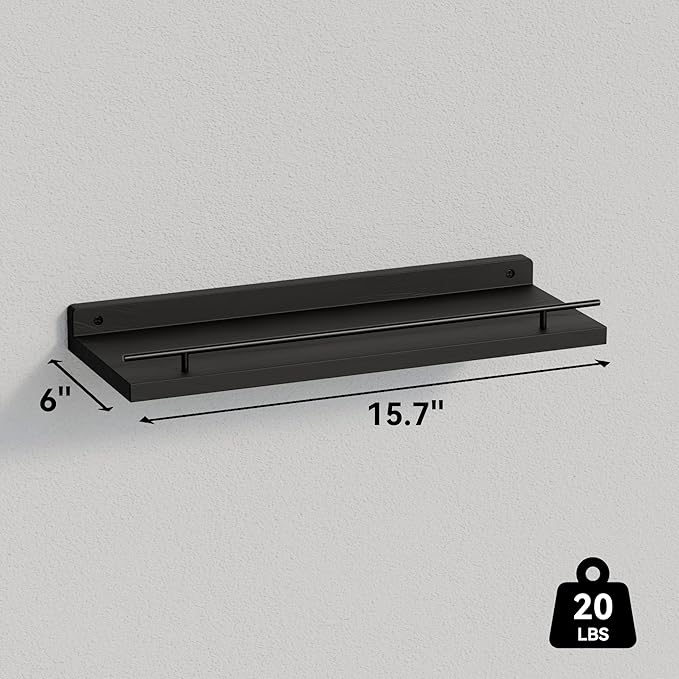 WOPITUES Floating Shelves with Black Metal Guardrail, Shelves