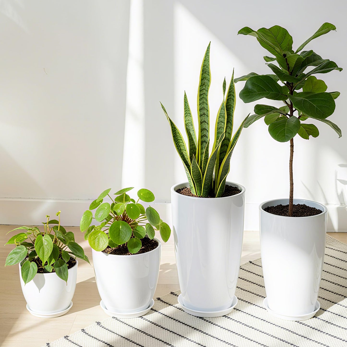 ZMTECH 24/21/12/10" H Large Plastic Planters with Drainage Hole and Saucer -Set of 4 Tall Plant Pots for Indoor & Outdoor Use,White Glossy Smooth Lightweight Flower Pot for Front Porch Patio Deck