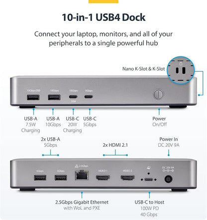 StarTech.com USB-C Docking Station (10-in-1, USB4), Up to 100W Charging for Laptop, 40Gbps Data Transfer, 2.5Gb Ethernet, Single 8K, Dual 4K Display, 6X USB (Not MacOS Compatible)