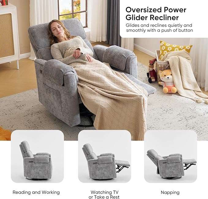 Oversized Power Recliner Chair, Chenille Glider Rocking Nursery Chair