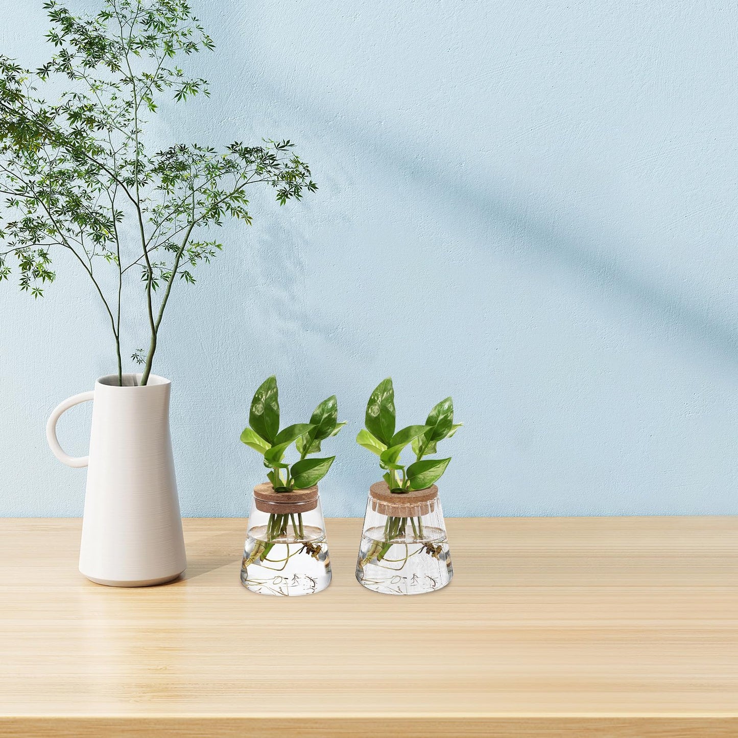 Operitacx 3pcs Hydroponic Glass Propagation Vases with Smooth, Hammered Vertical Texture Volcanic Neck and Wood Stopper, Indoor Plant Terrarium Set for Home and Office Décor
