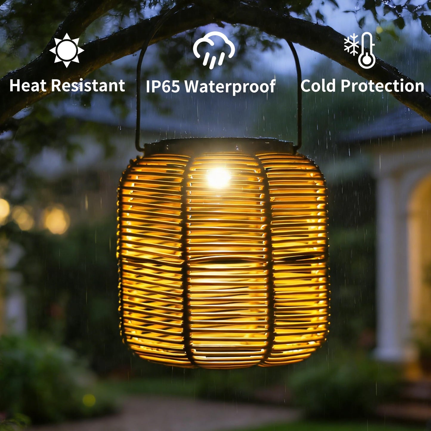 HMZHEX Solar-Powered Rattan Woven Lantern, 6"x7" Waterproof Hanging Solar Lantern for Outdoor, Boho Decorative Table Lamp, Warm Ambient Light for Garden Patio Porch Balcony