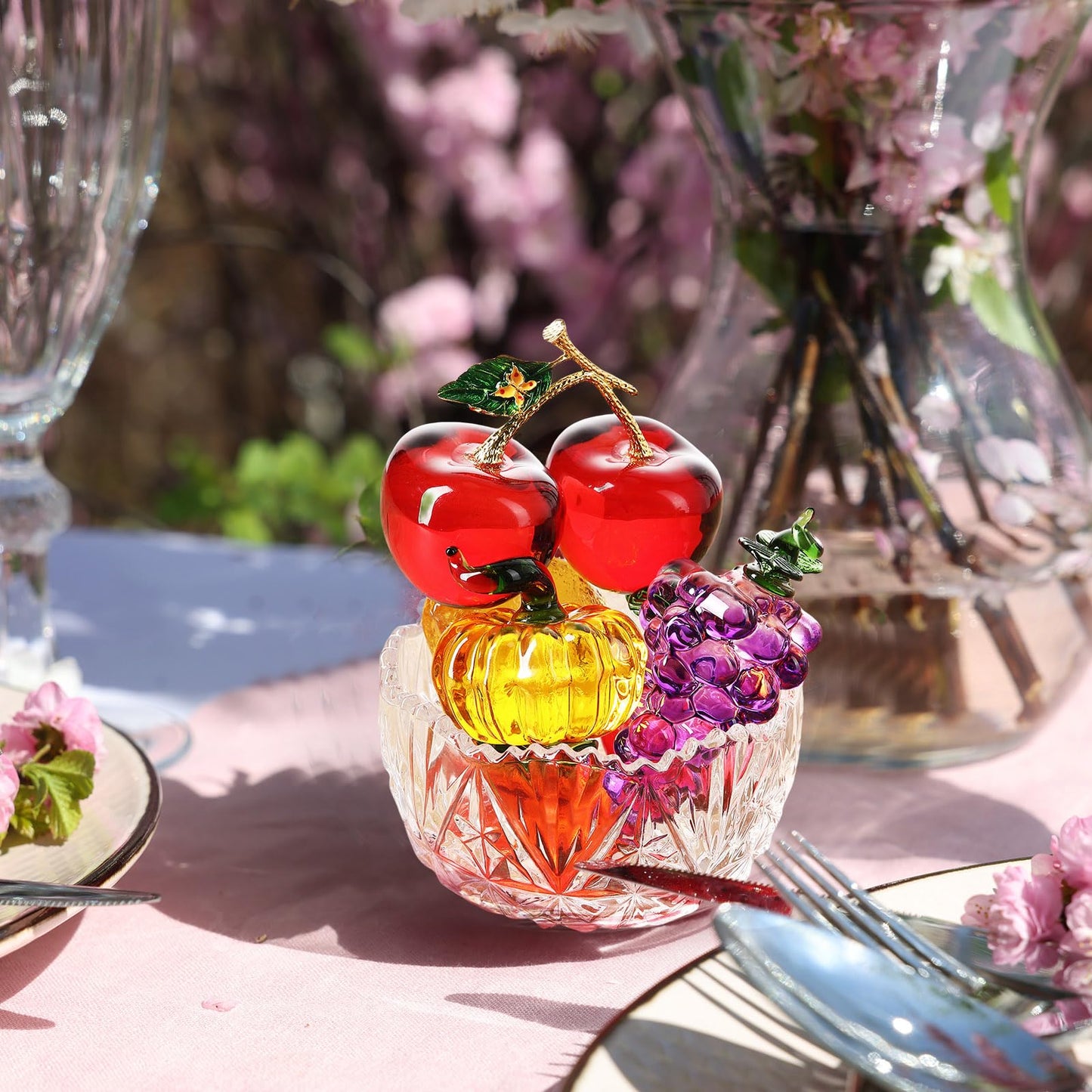 Reallnaive 6 Pcs Crystal Glass Fruit Decor Cherry Grape Persimmon Lemon Pumpkin Peach Figurine Collectibles Hand Blown Glass Fruit Decoration for Home Decor Gift for Wedding Birthday Wedding