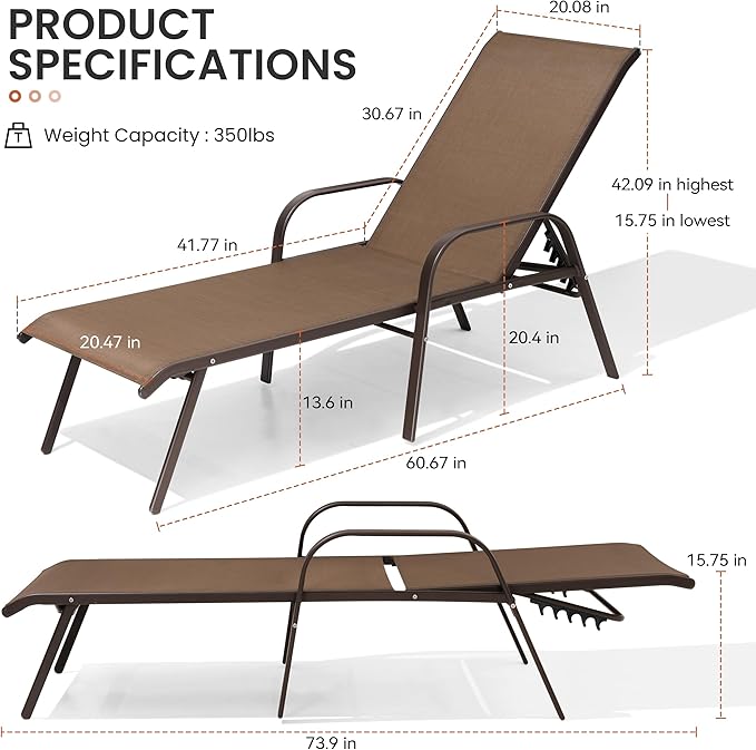 Crestlive Products Outdoor Chaise Lounge Chair, 5-Position Pool Lounge Chairs