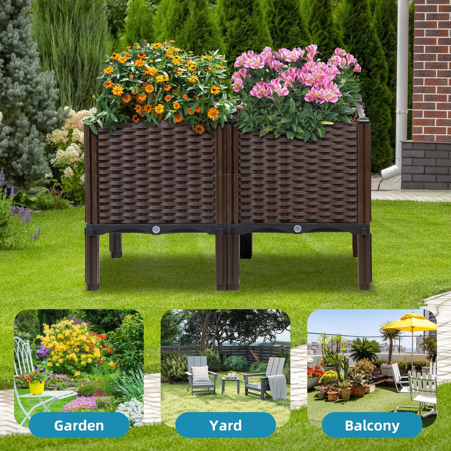 Rattan Raised Garden Bed with Legs-Rectangular Elevated Deep Planters for Outdoor Plants, Self Watering Planter Box 32"L x 16"W x 20"H, Rectangular Deep Garden Bed for Vegetables, Flowers, Herbs