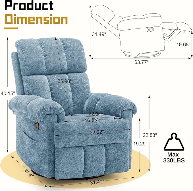 Korser Recliner Chair, Swivel Rocker Recliner Chair
