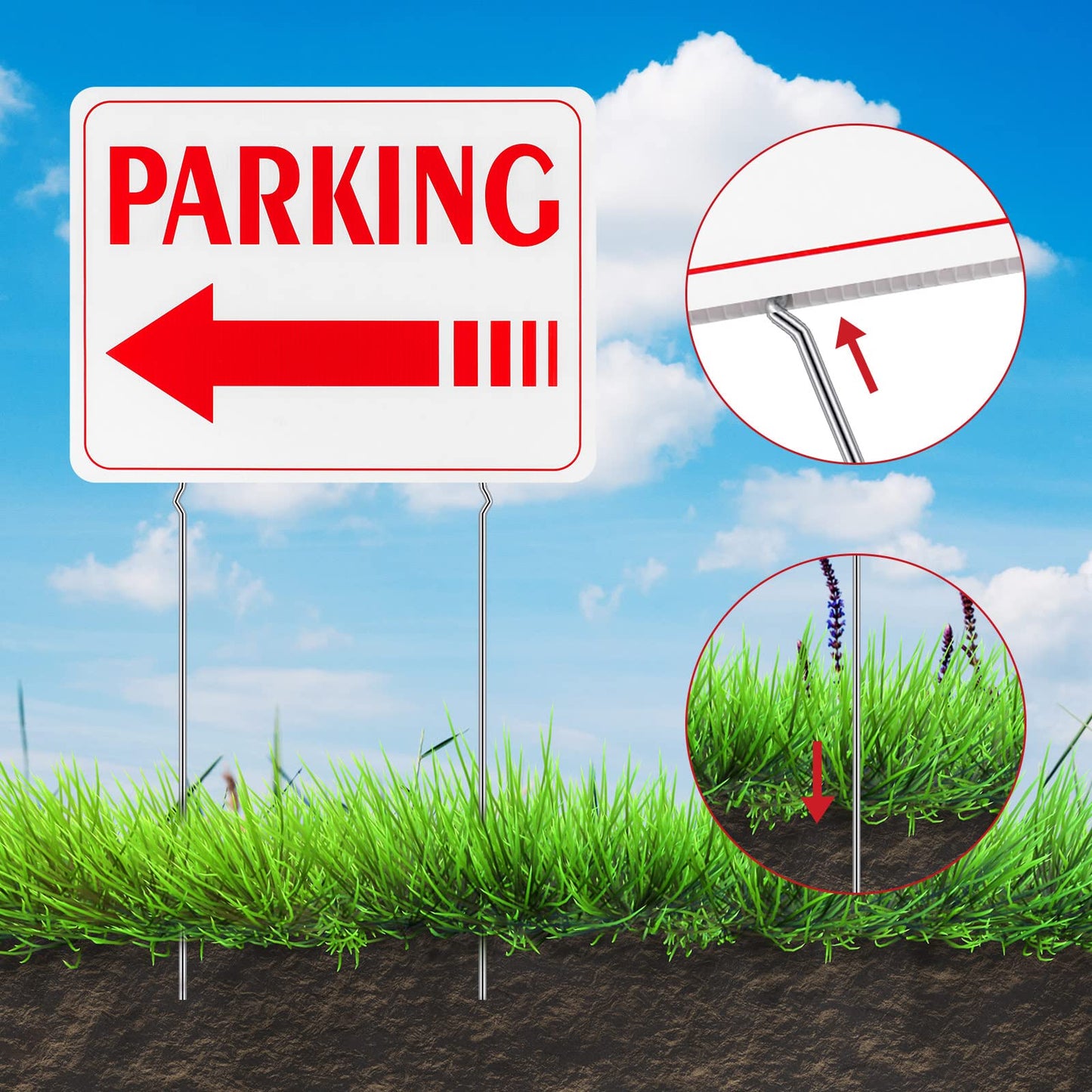 Qunclay 4 Pcs Event Parking Sign with Stake, with Directional Arrows 12 x 16 Inch Double Sided Corrugated Plastic Guest Parking Sign for Outdoor Yard(Red)