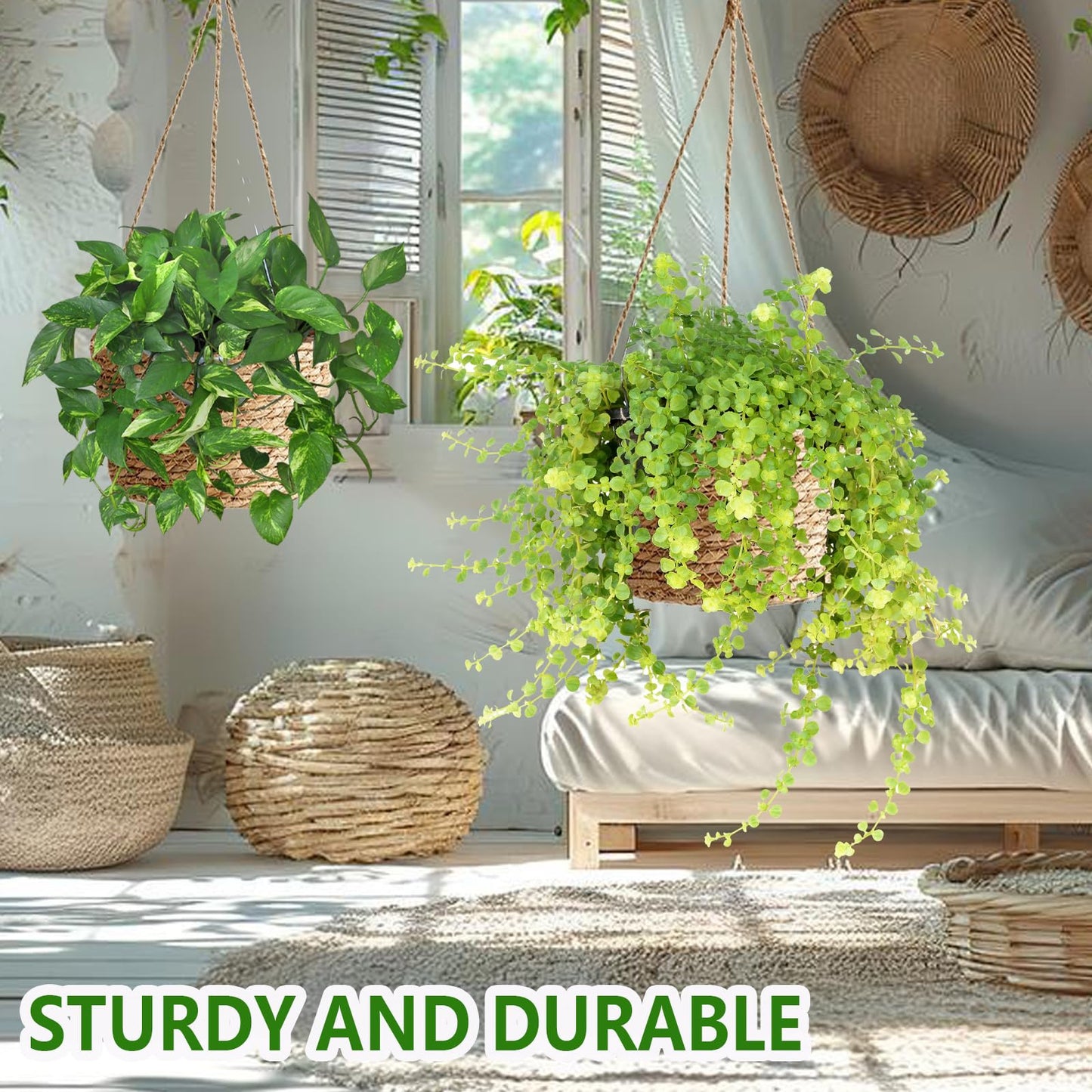 Riadyet 8-Inch Small-Caliber Woven Jute Hanging Planter – Seagrass Plant Basket, Decorative Hanging Plant Holder, Ideal for Home Décor and Storage