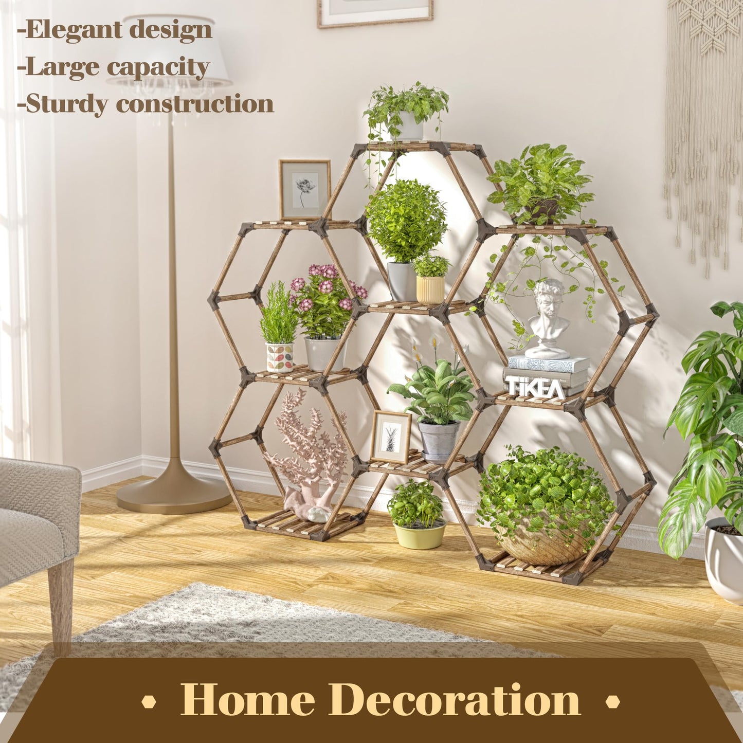 Tikea Hexagonal Plant Stand Indoor Plant Stand for Multiple Plants Outdoor Large Wooden Plant Shelf 6 Tiered 9 Potted Plant Holder Flowers Stand for Patio Balcony Window Living Room
