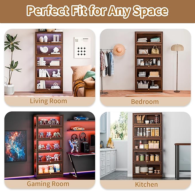 Display Cabinet with Acrylic Glass Doors, 5-Tiers Curio Cabinet with LED