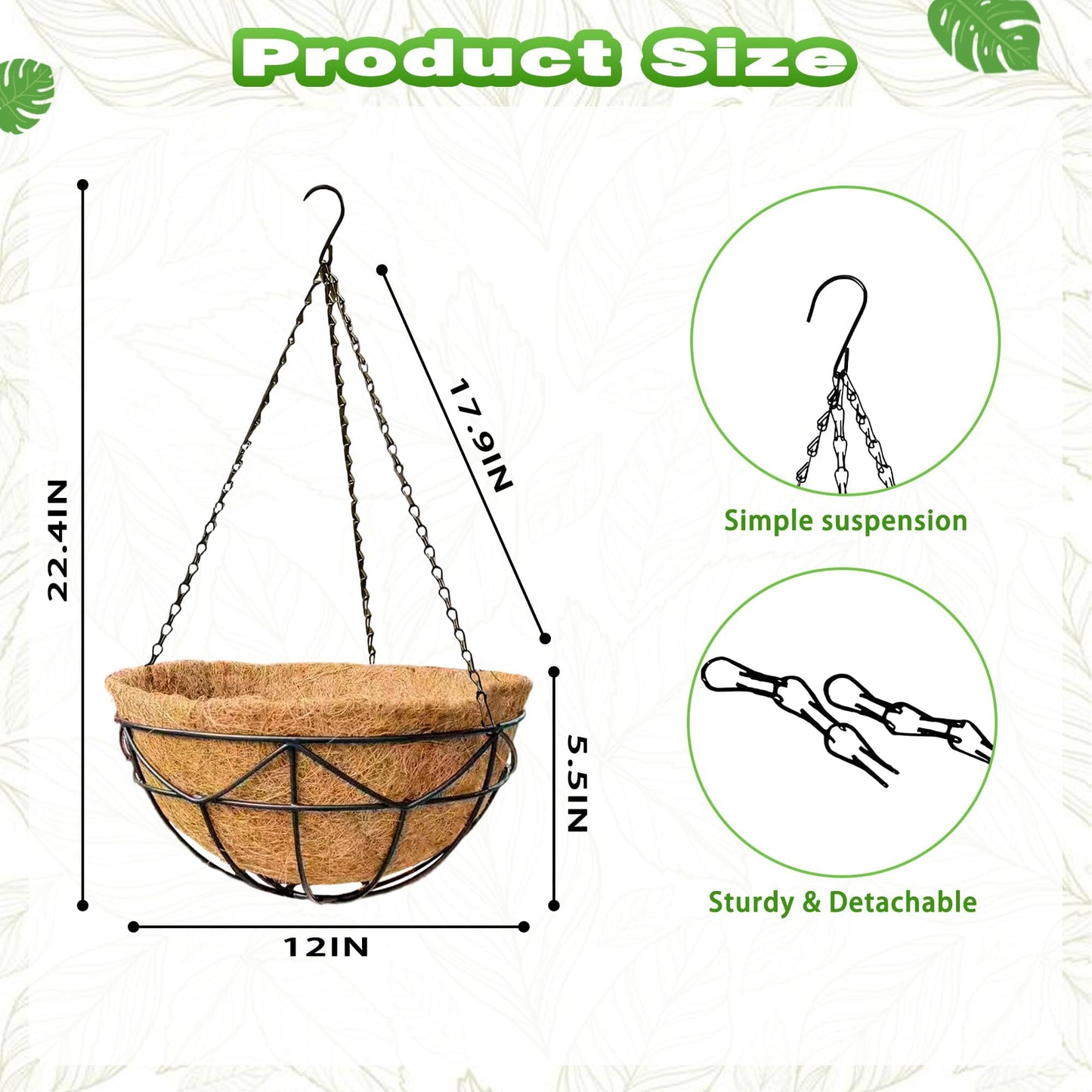 Qusuxi 2 Pack 12 Inch Metal Outdoor Hanging Baskets Black Heavy Duty Hanging Planters with Coco Liners for Indoor Outdoor Plants Gardens Patios Terraces（Geometric）