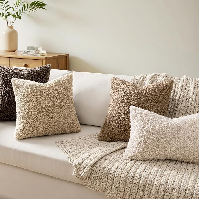 Faux Fur Throw Pillow Covers 20x12 Inch Set of 2 Boucle Neutral Decorative