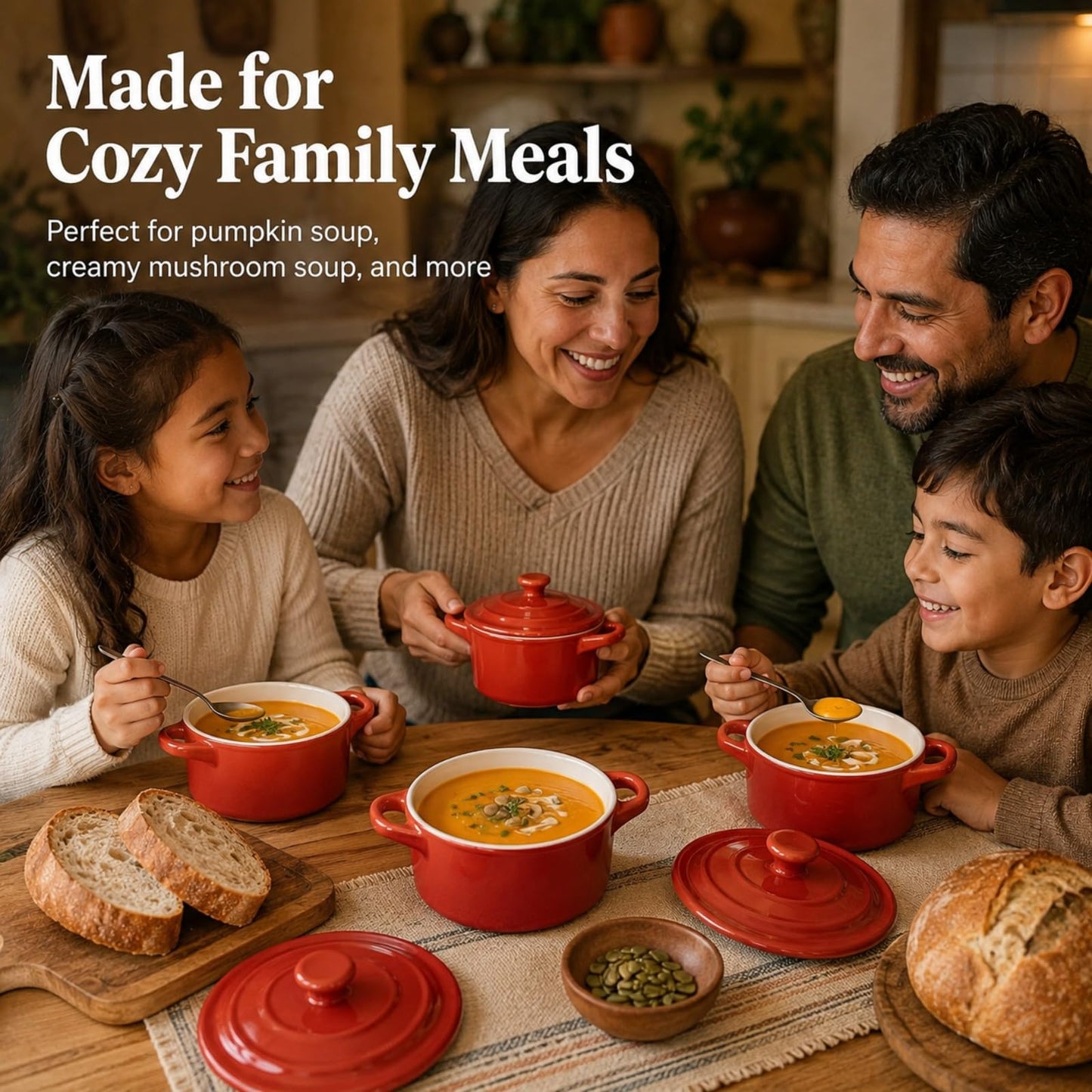 RHBLME 6 Pack French Onion Soup Bowls, 7 Oz Ramekins Oven Safe Mini Cocotte, Red Ramekins with Lids Oven Safe Soup Bowls for Creme Brulee, Pot Pie, Lava Cakes, Pumpkin Soup