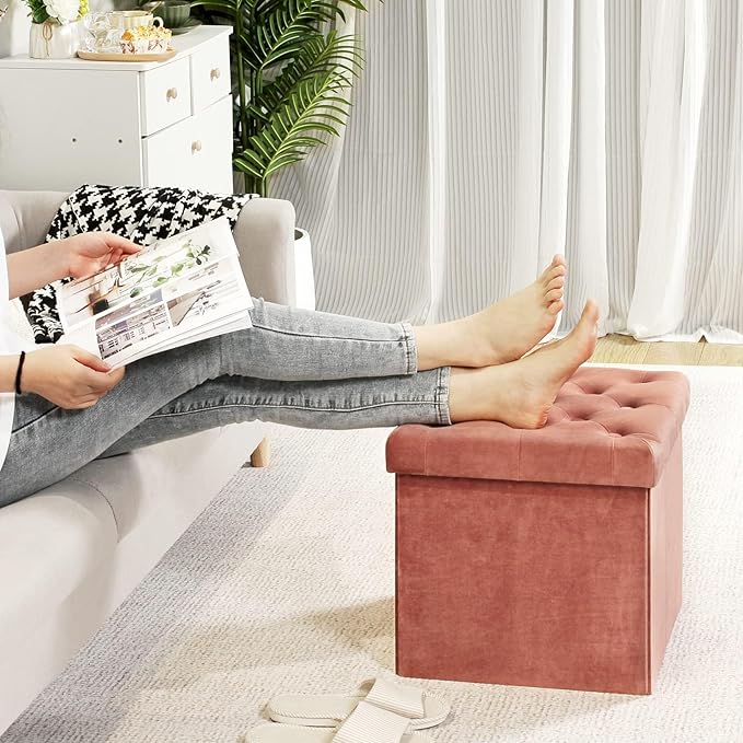 B FSOBEIIALEO Storage Ottoman Cube, Velvet Tufted Folding Ottomans
