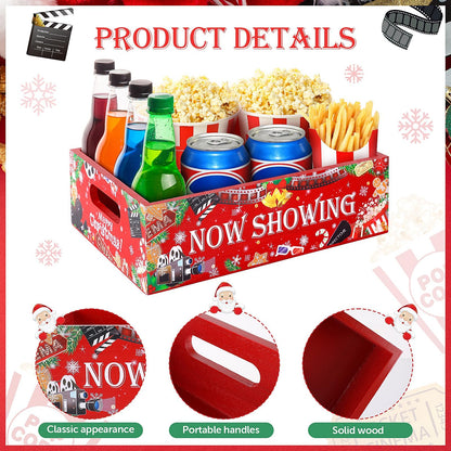 Christmas Movie Night Snack Tray Wooden Movie Snack Tray Movie Night Party Supplies for Countertop Storage Trays Popcorn Nacho Theater Snack for Christmas Home Kitchen Chips Candy Food Supplies