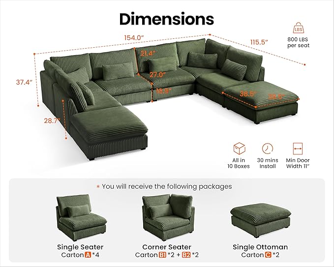 154" Oversized Corduroy Couch Modular Sectional Sofa, Washable Cloud Couch