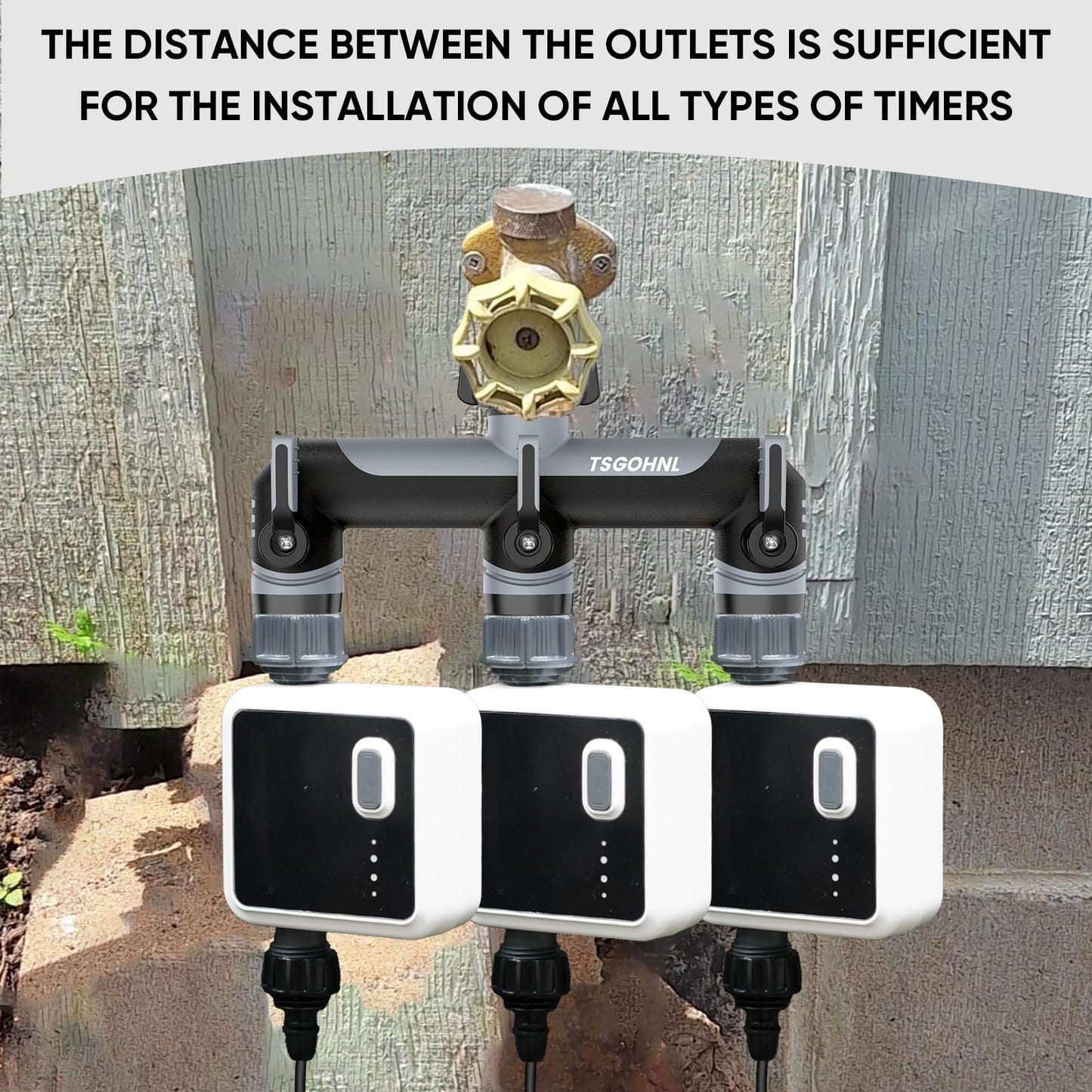3 Way Garden Hose Splitter, 3/4 Inch Outdoor Faucet Splitter, Hose Manifold with Independent Shut Off Valves, Wide Spacing for Hose Timers, Sprinklers, Lawn, Yard and Garden Watering (Gray)