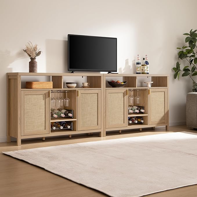 SICOTAS Rattan Coffee Bar Cabinet, Farmhouse Liquor Cabinet