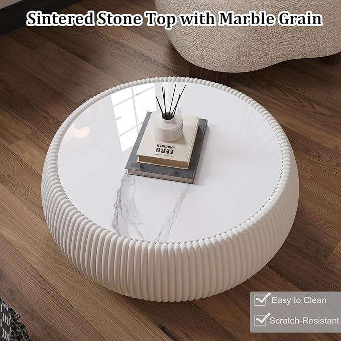 SSLine Round Drum Coffee Table Modern Sintered Stone Top Coffee Table in Cream