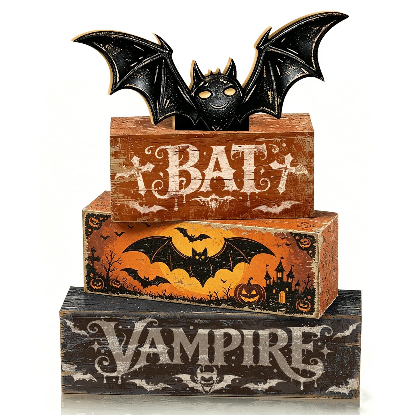 4 Pcs Halloween Table Decorations Bat Tiered Tray Decor Farmhouse Rustic Wooden Block Signs with Vampire & Jack-o'-Lantern Halloween Tabletop Centerpiece for Home Kitchen Shelf Mantel Office Desk