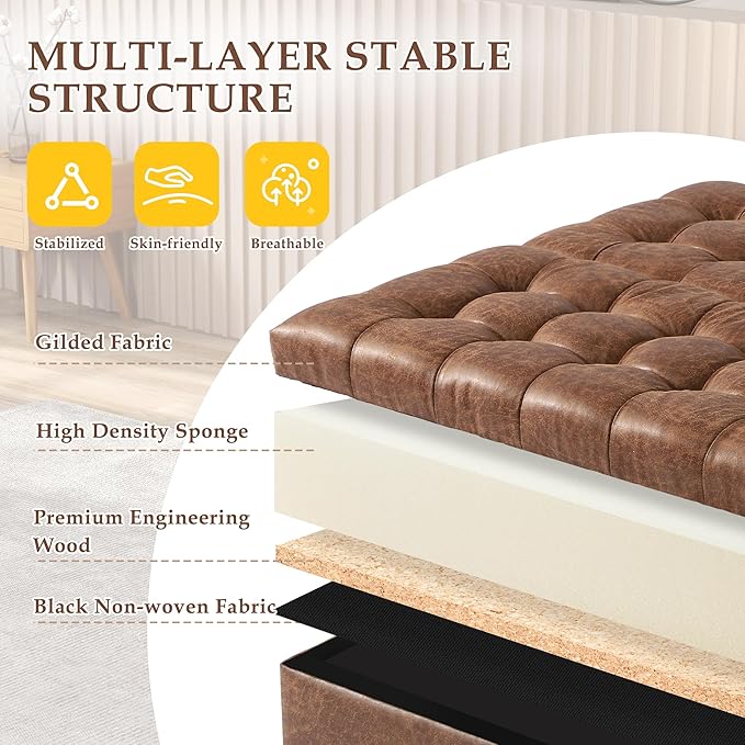 36" Large Square Ottoman with Storage, Tufted Upholstered Storage Ottoman with