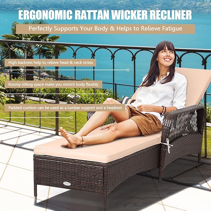 COSTWAY PE Rattan Chaise Lounge Chair, 6 Gear Adjustable Recliner