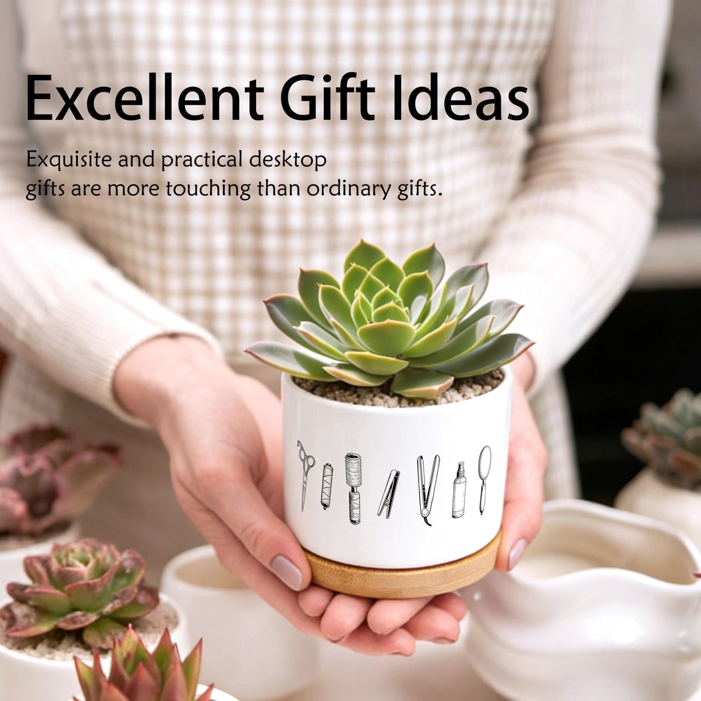 EVIHCG Barber Gifts Planter Pots, Hair Stylist Hairdresser Gifts for Women, Hair Beauty Tools Ceramic Succulent Plant Flower Planters for Home Office Desk Table Shelf(No Plants)