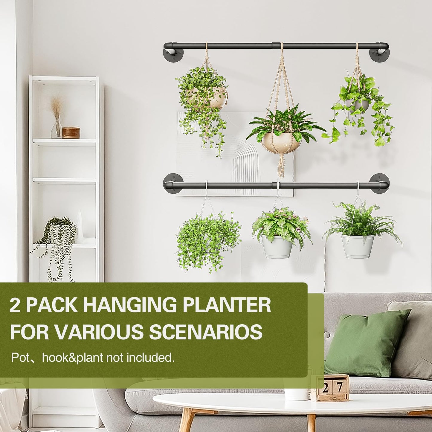 Galood 2Pc Hanging Planters for Indoor Plants Plant Hanger Indoor Hanging Plant Holder Black Metal Rod(Pot/Chain/Plant not Included