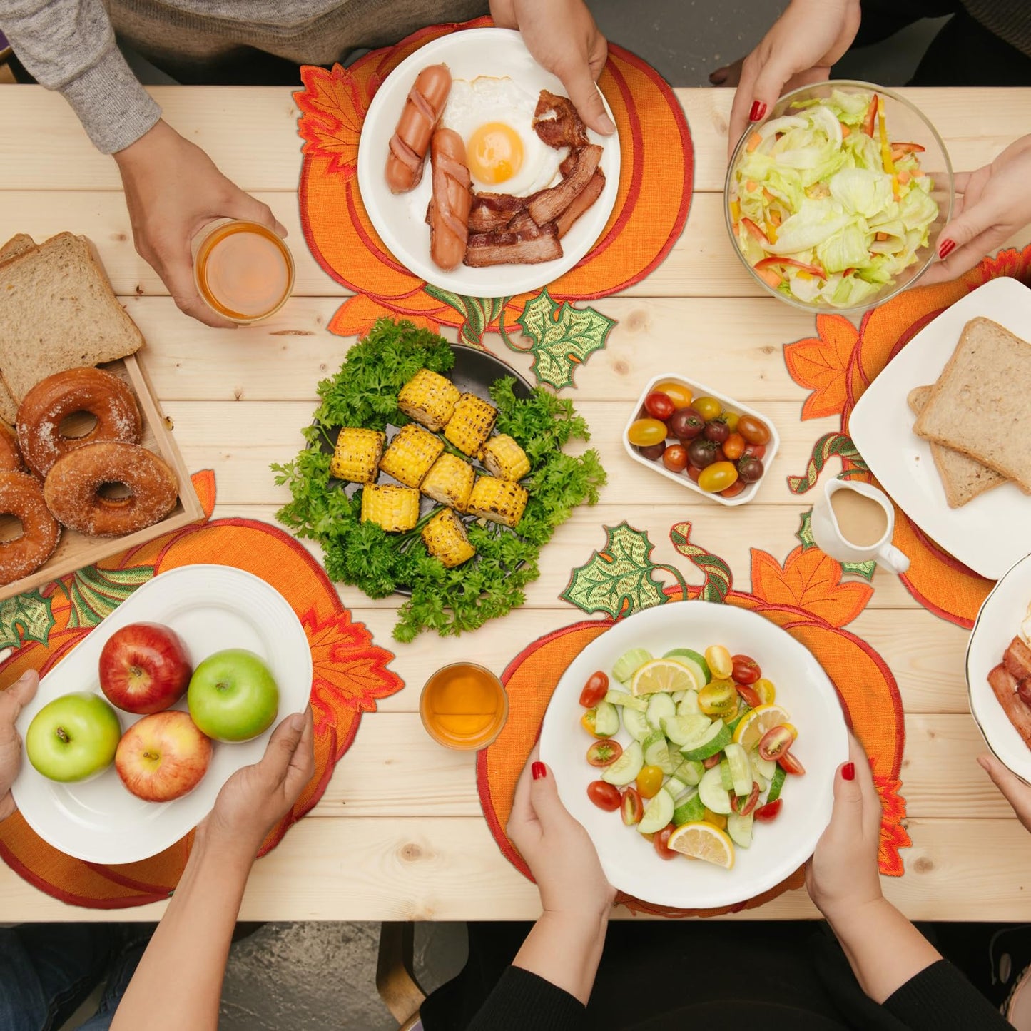 Yingzhao 6 Pcs Thanksgiving Fall Pumpkin Placemats Autumn Harvest Orange Table Place mats Embroidered 14'' Round Decorative Placemats for Holiday Party Kitchen Dinning Table Decorations