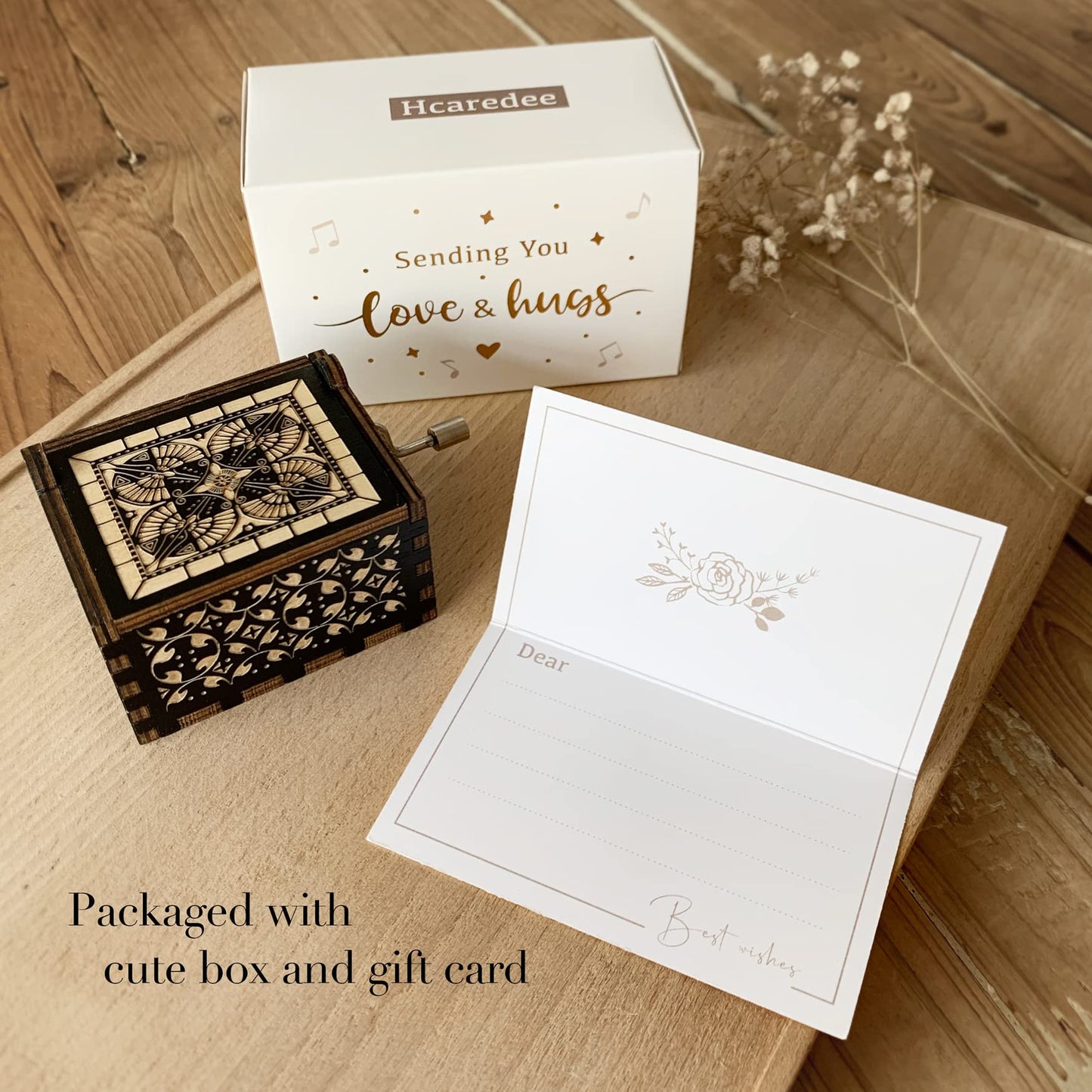 Hcaredee Music Box Gifts for Grandma You are My Sunshine Hand Crank Engraved Wooden Musical Boxes Sunflower Gift for Grandmother on Birthday Christmas Mothers Day(Black)