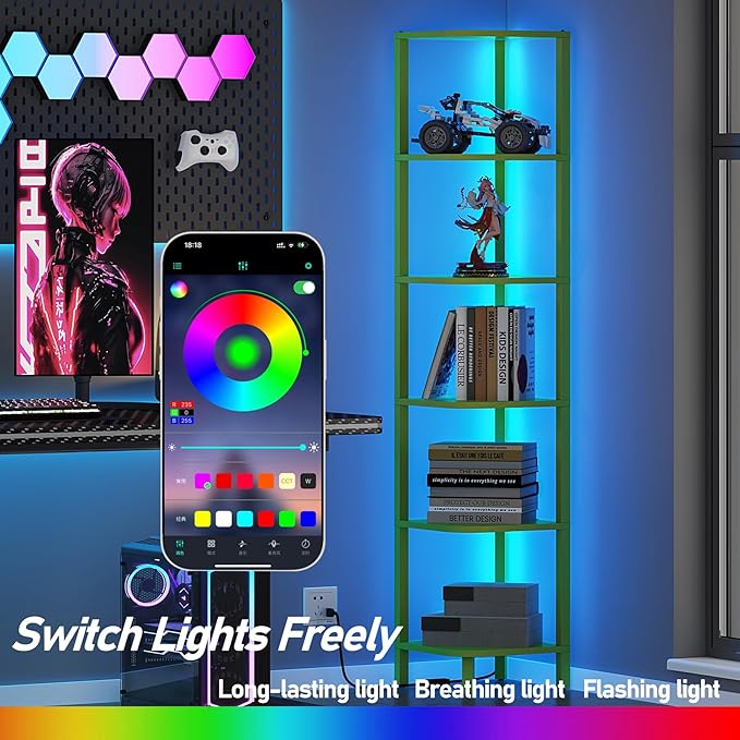 TUTOTAK Corner Shelf with LED Light, 6-Tier Corner Bookshelf