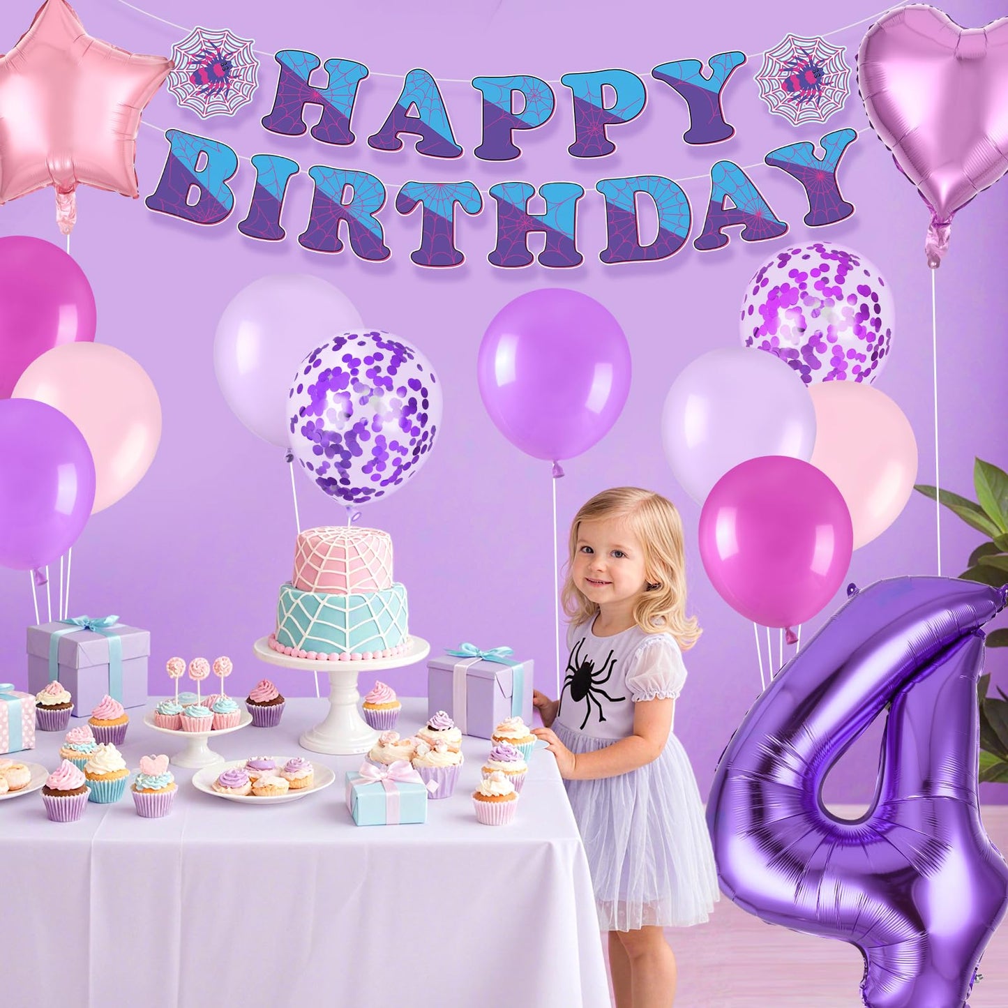 37pcs Ghost Spider 4th Birthday Decorations-Purple Number 4 Balloon,Happy Birthday Banner,Pink/Purple Balloons,Ghost Spider Theme Birthday Decor for 4 Year Old Girl Friends HB Party