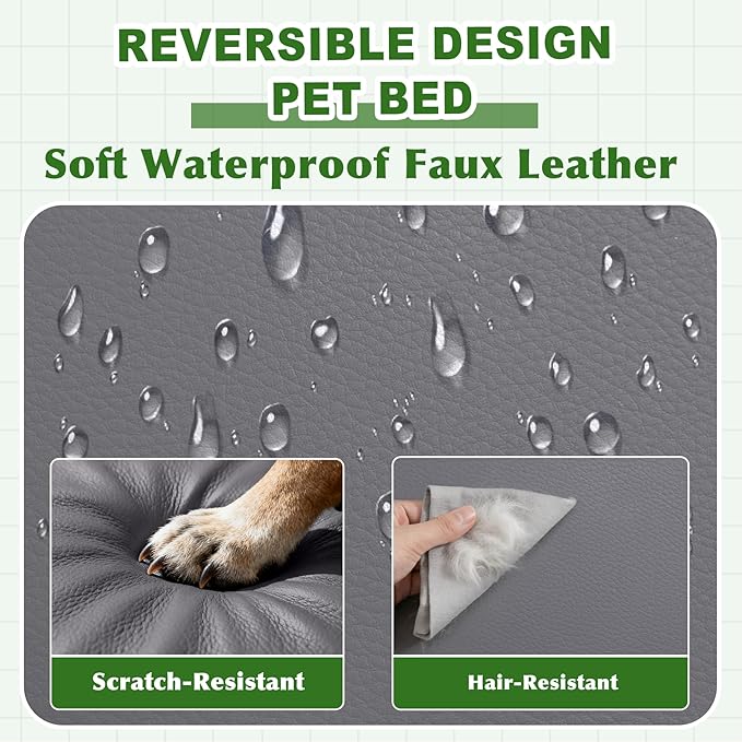 Vonabem Outdoor Waterproof Dog Bed Washable, Medium Crate Pad 30 inch, Cooling Wipeable Leather Puppy Bed with Removable Cover Reversible, Foam Durable Anti-Slip Pet Kennel Pads 29"x18" Grey