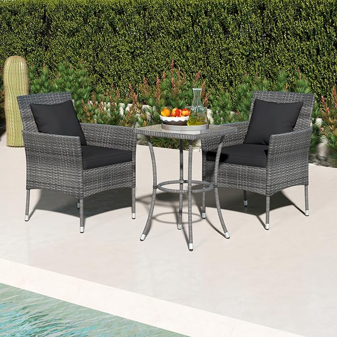 Tangkula 3-Piece Patio Furniture Set, PE Wicker Conversation Bistro Set w/A