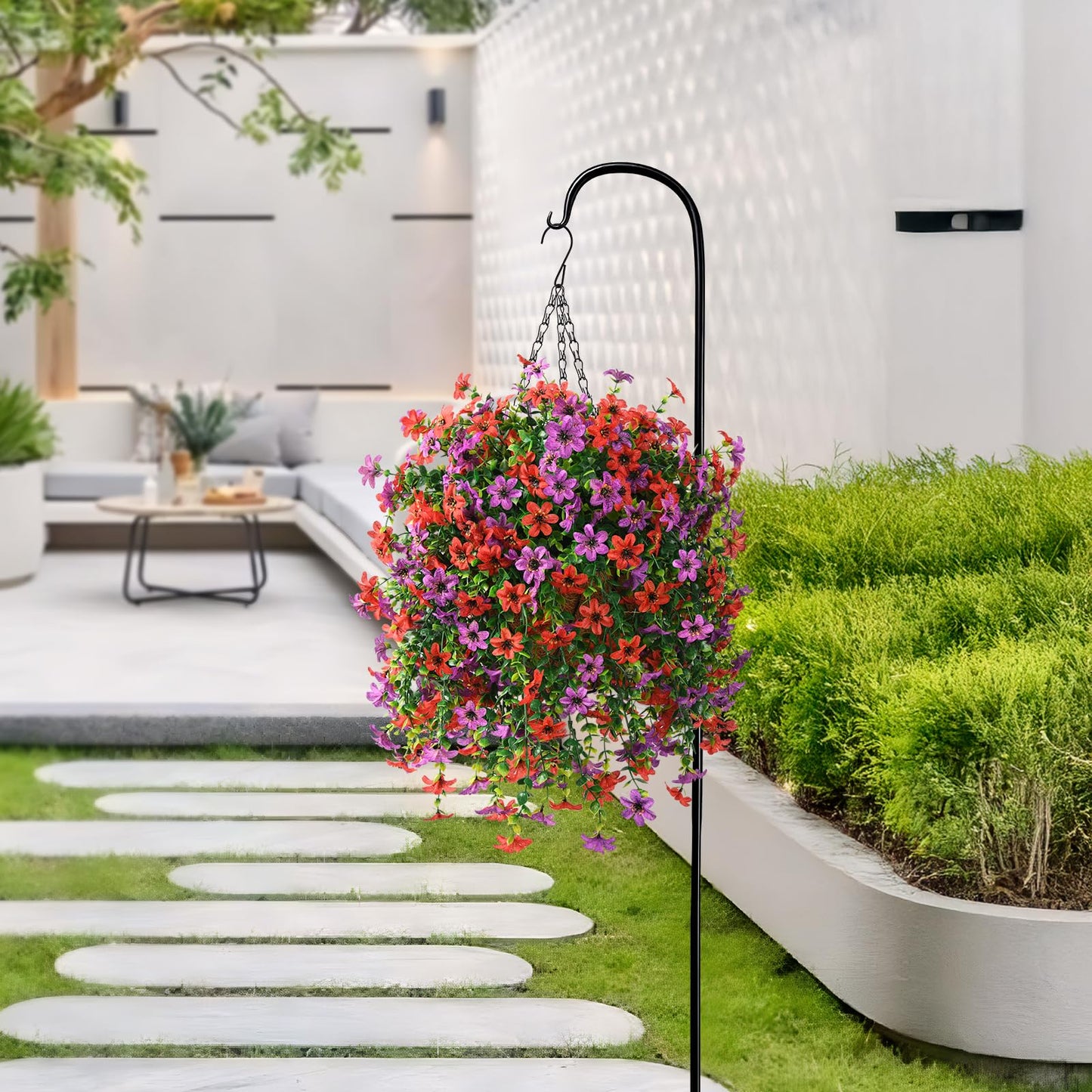 INQCMY Artificial Faux Hanging Flowers Plants Basket for Outdoor Outside Spring Decoration,UV Resistant Fake Silk Daisy in Planter Resistant Look Real for Home Porch Balcony Patio Yard Decor