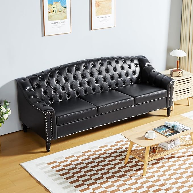 LEVNARY Mid-Century Modern Leather Couch, Chesterfield Sofa Sleeper Settee