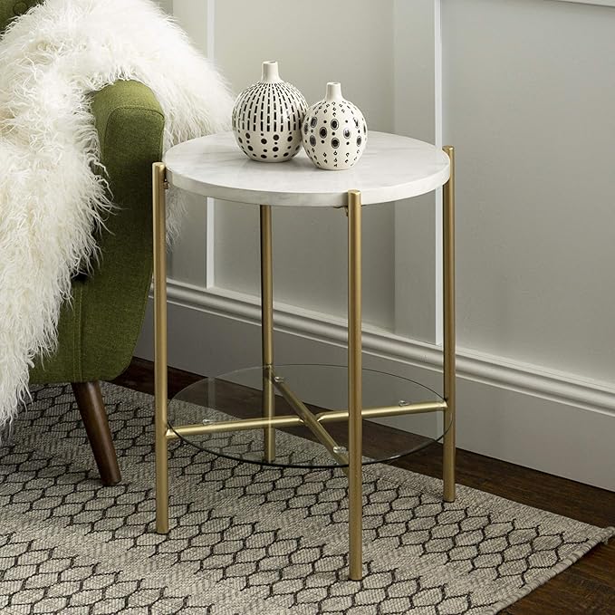 Walker Edison Blaine Mid Century Modern Marble and Glass Round Accent Table