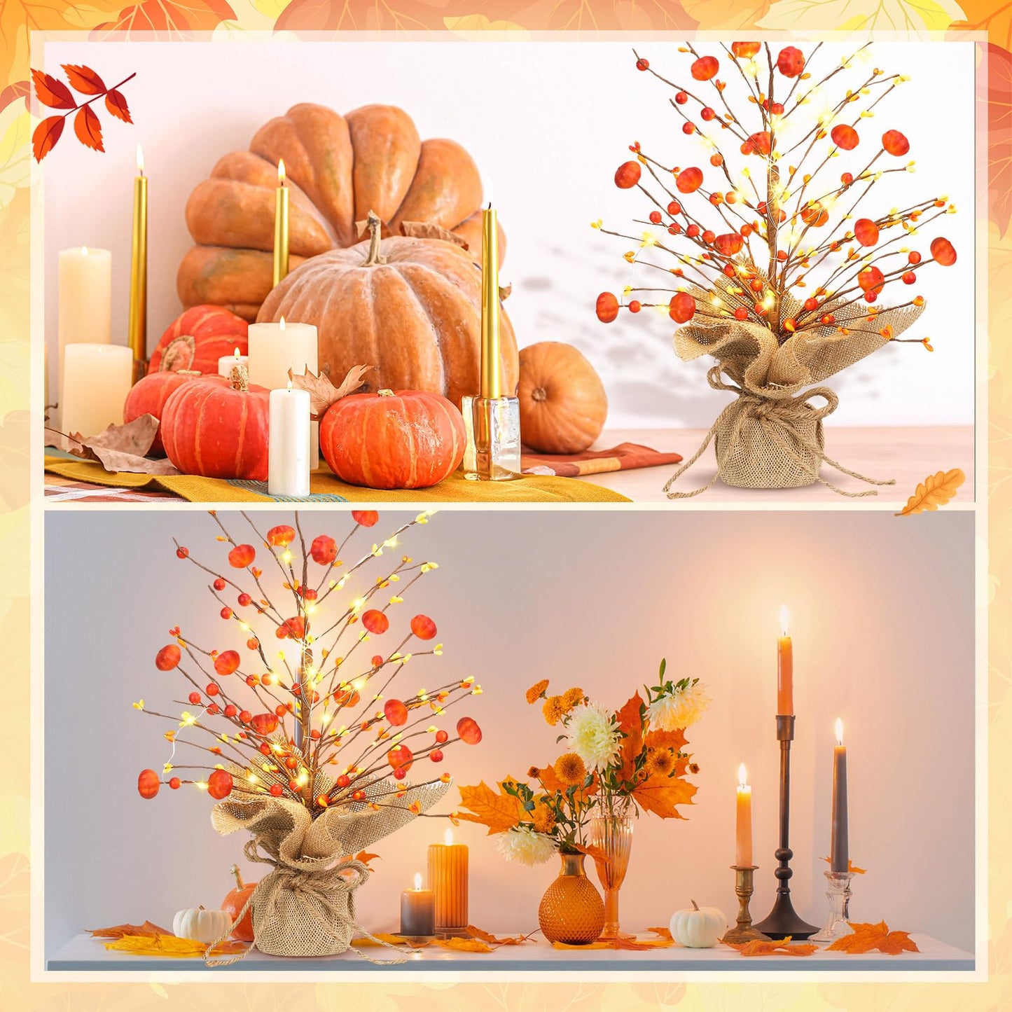 Ganeen 2 Pcs Thanksgiving Lighted Fall Tree Tabletop Decor LED 18 Inch Light up Fall Mini Tree Table Centerpiece Autumn Pumpkin Berry Harvest Decorations Rustic Burlap Base for Home Office Desk Decor