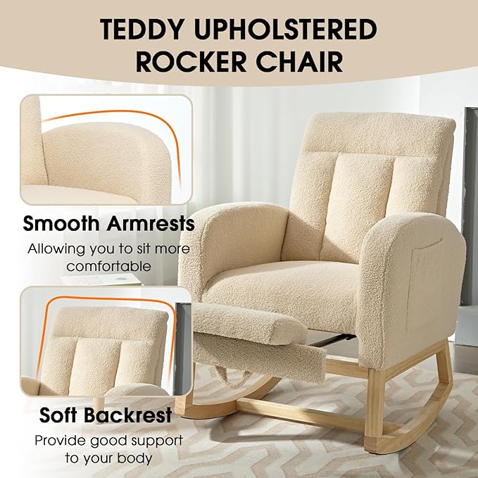 NIOIIKIT Modern Nursery Rocking Chair, Teddy Upholstered Rocking Chair