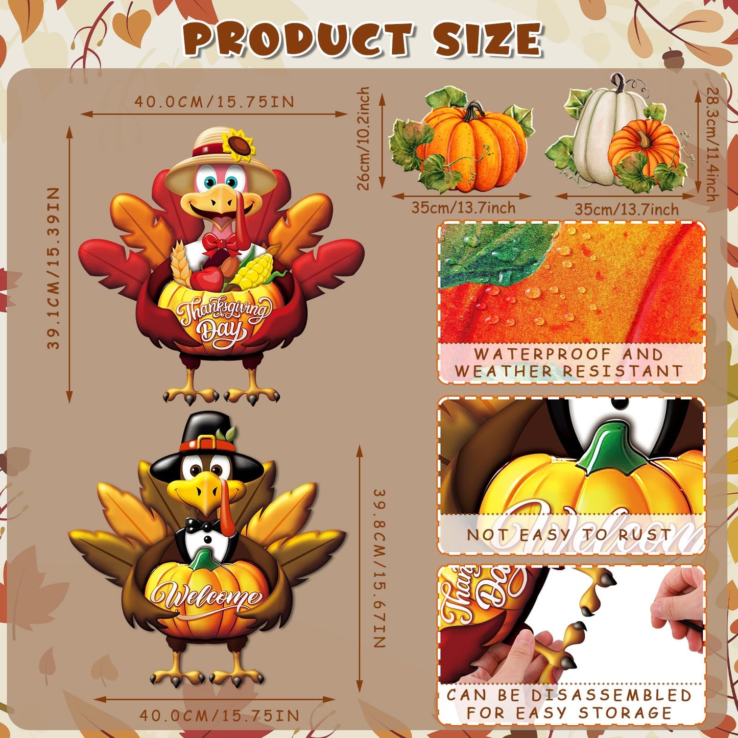 Quzzil 4 Pcs Thanksgiving Turkey Metal Yard Decorations Outdoor Pilgrim Turkey Decorative Garden Stakes With Stakes Large Fall Pumpkin Yard Sign for Thanksgiving Autumn Farmhouse Patio Outdoor