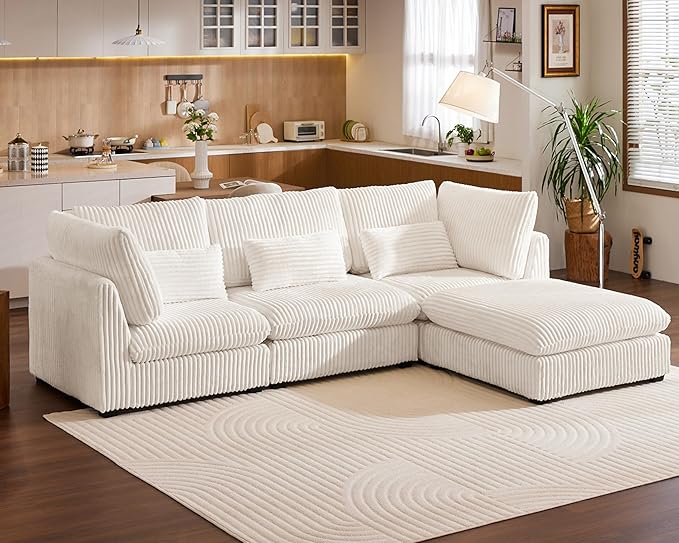 115" Oversized Corduroy Couch Modular Sectional Sofa, Washable Cloud Couch