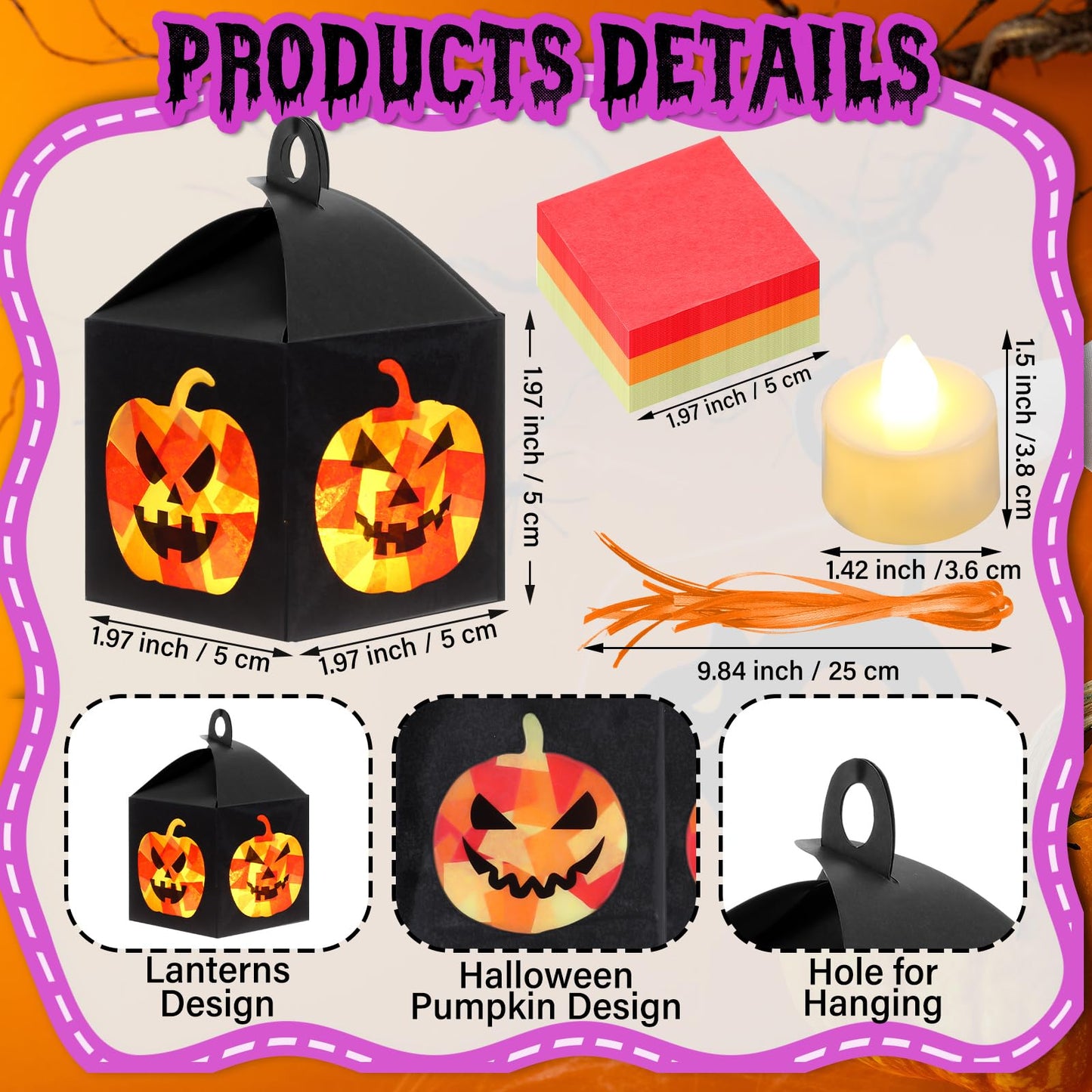 Simgoing 12 Sets Halloween Jack-O-Lantern Crafts with LED Candlelight Jack-o-Lantern Tissue Paper Crafts Kits DIY Pumpkin Suncatchers Lanterns Kits Hanging Spooky Supplies for Halloween Party Decors