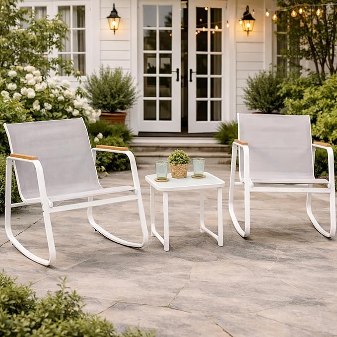 Kozyard 3-Piece Rocking Chair Set, Outdoor Rocking Textilene Bistro Set